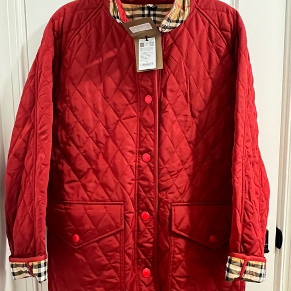 Burberry Jackets & Blazers - Burberry Red Quilted Belted Jacket XL (NWT)